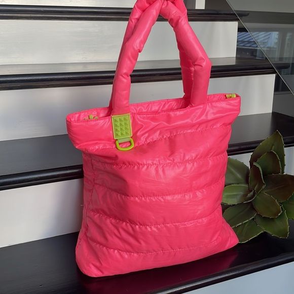 Handbags - Puffer shoulder tote bag, purse duffel travel, overnight, gym bright, pink